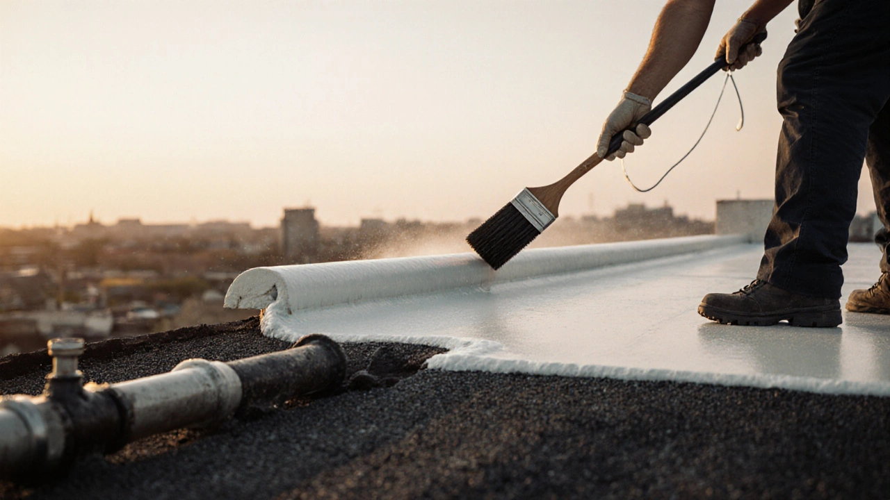 Flüssigkunststoff wird in drei Schichten auf ein altes Dach aufgetragen, nahtlos und präzise.