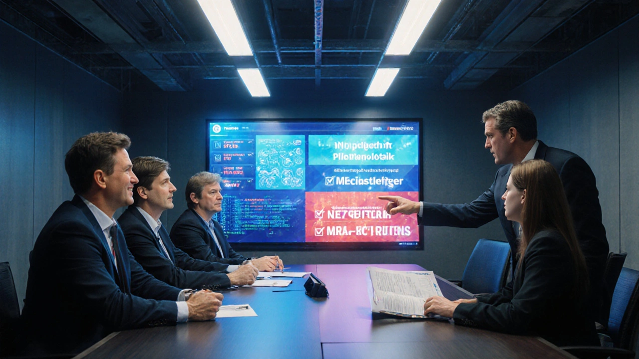 Führungskräfte beobachten einen Cyber-Bedrohungs-Dashboard mit Warnungen zu Smart-Home-Systemen, während ein CISO auf Sicherheitsmaßnahmen hinweist.