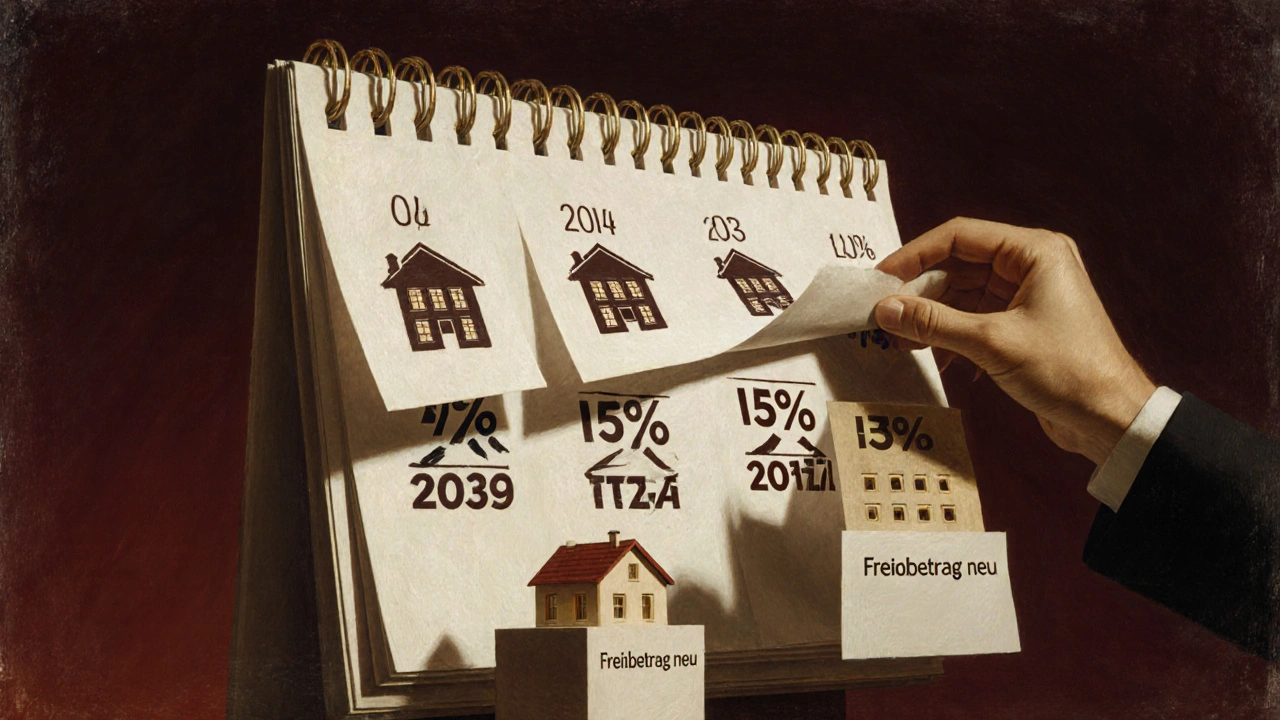 Gigantischer 10-Jahres-Kalender mit sich drehenden Steuersätzen und einem Hausmodell, symbolisch für Steuerplanung.