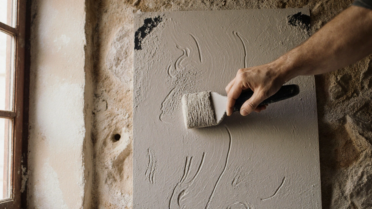 Hand, die mineralischen Putz auf eine diffusionsoffene Dämmplatte aufträgt.