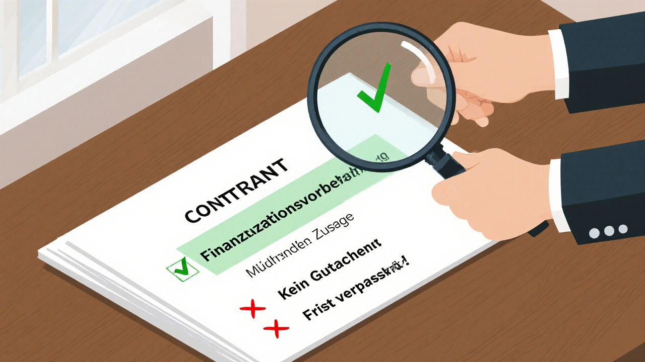 Hand hält Vertrag mit sichtbarer Finanzierungsklausel, andere Hand untersucht sie mit Lupe, rote Kreuze markieren fehlende Sicherheiten.
