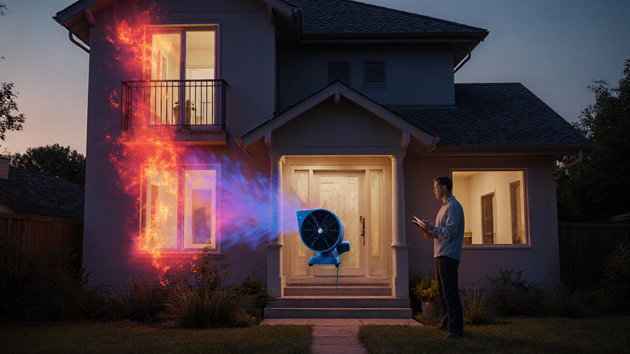 Haus mit Blower-Door-Test und Wärmebildern, die Luftlecks an Fenstern und Balkonen zeigen.