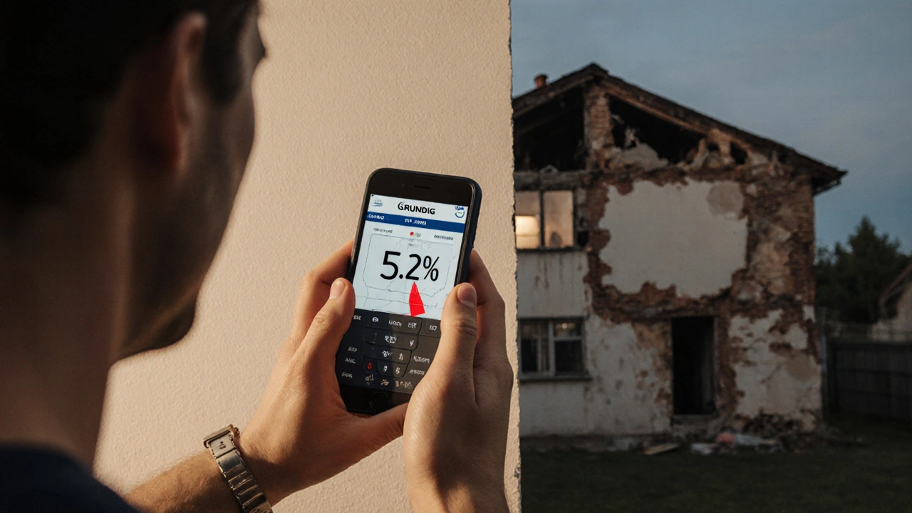 Hausbesitzer misst mit Feuchtemessgerät die Wandfeuchtigkeit, Smartphone zeigt digitale Schadensmarkierungen an der Fassade.