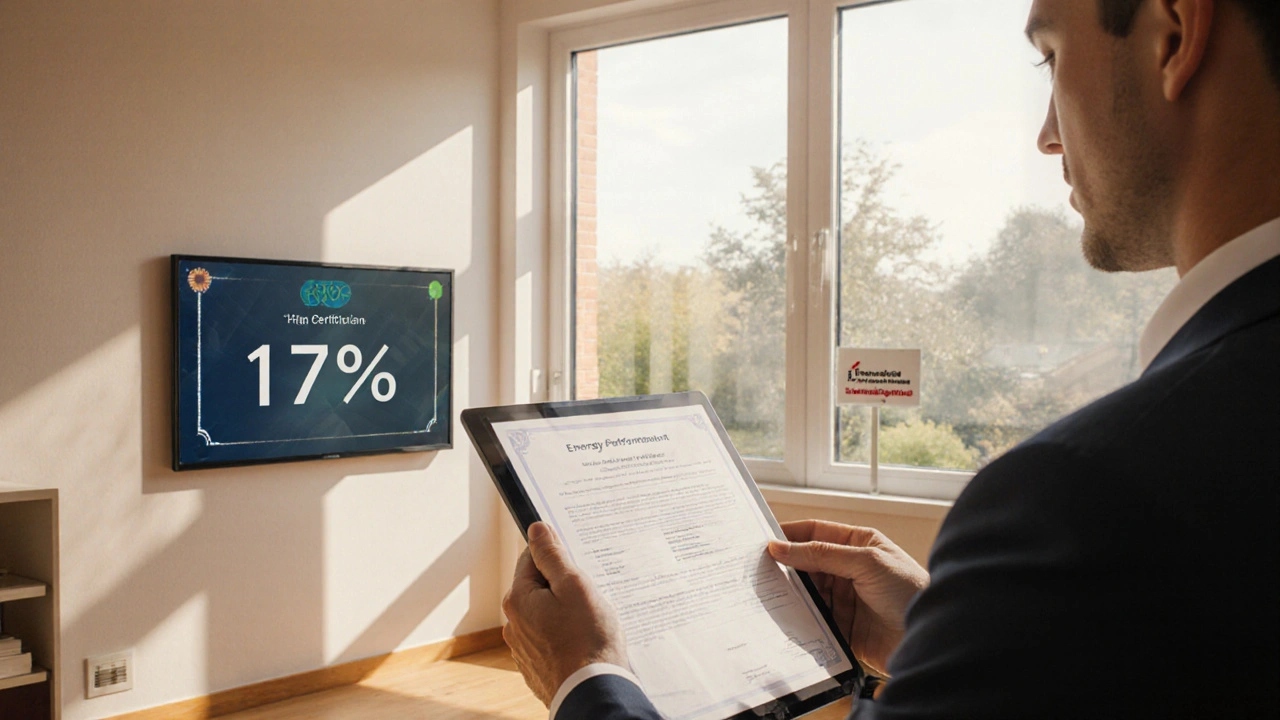 Hausbesitzer mit Energieausweis vor neuen Fenstern, Sonnenlicht erwärmt den Boden, Energieberater prüft Dokumente.