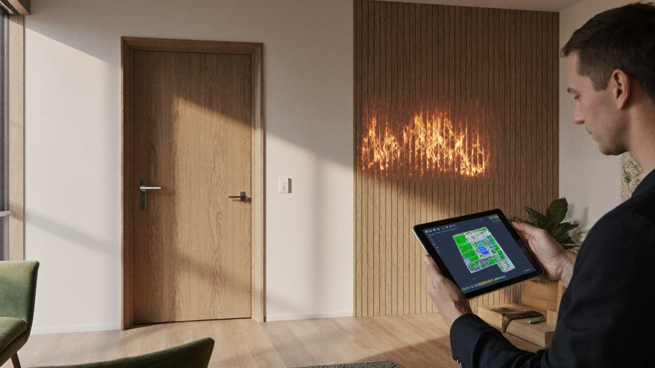 Modernes Brandschutztür-Design mit biobasierter Beschichtung und digitalem BIM-Modell.