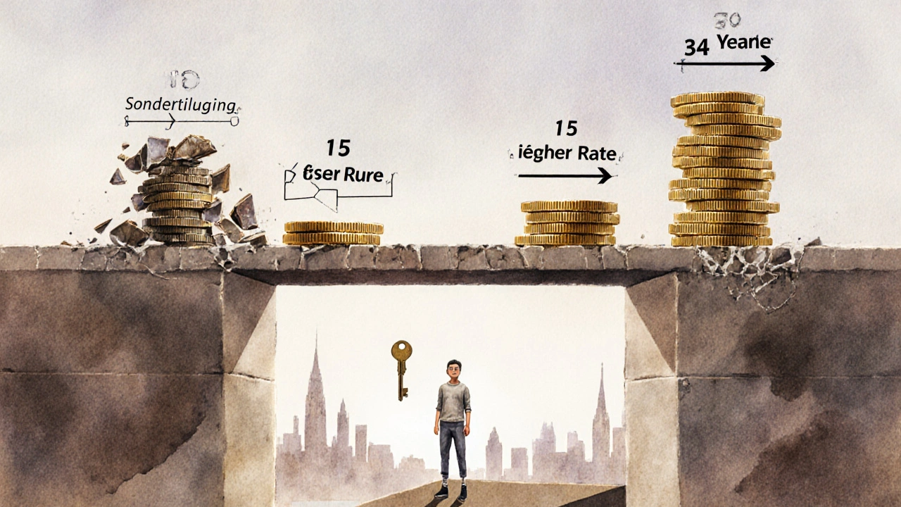 Münzbrücke von 34 auf 15 Jahre, Symbol für Sondertilgung und Ratenanpassung.