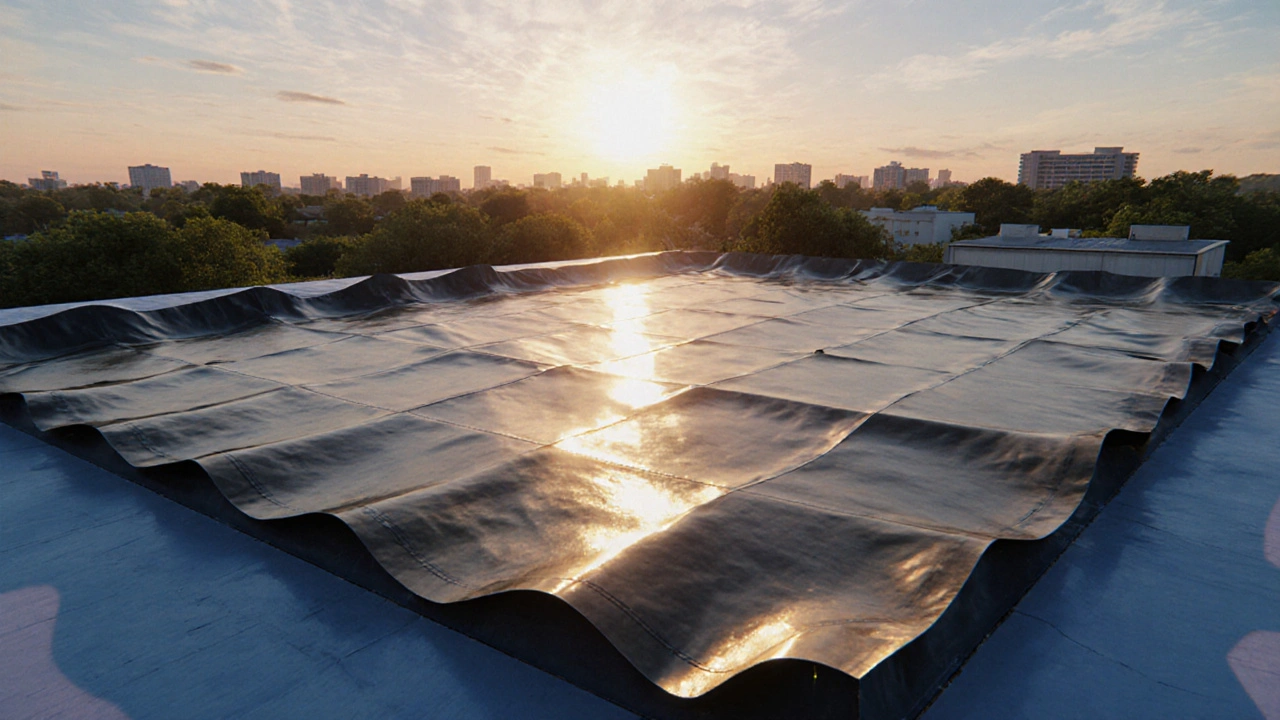 Nahtlose EPDM-Dachabdichtung unter abendlichem Licht, ohne Fugen oder Verbindungen.