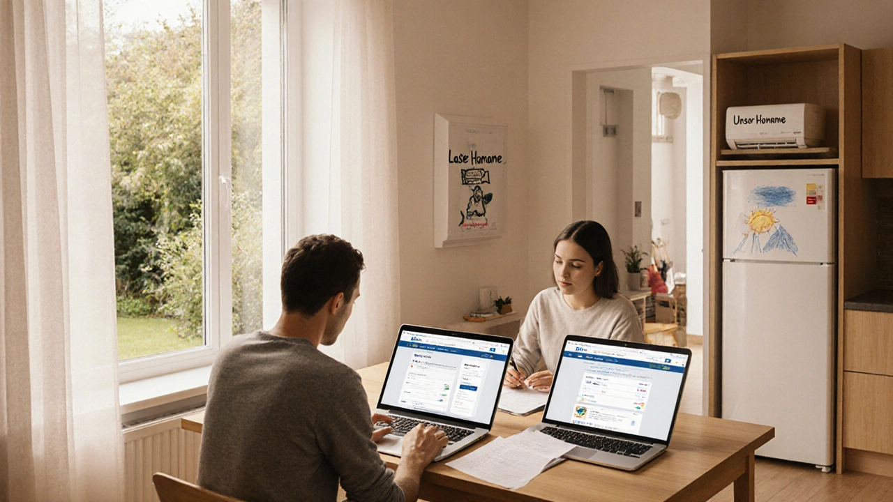 Paar bei der Planung von Förderanträgen in einer renovierten Wohnung