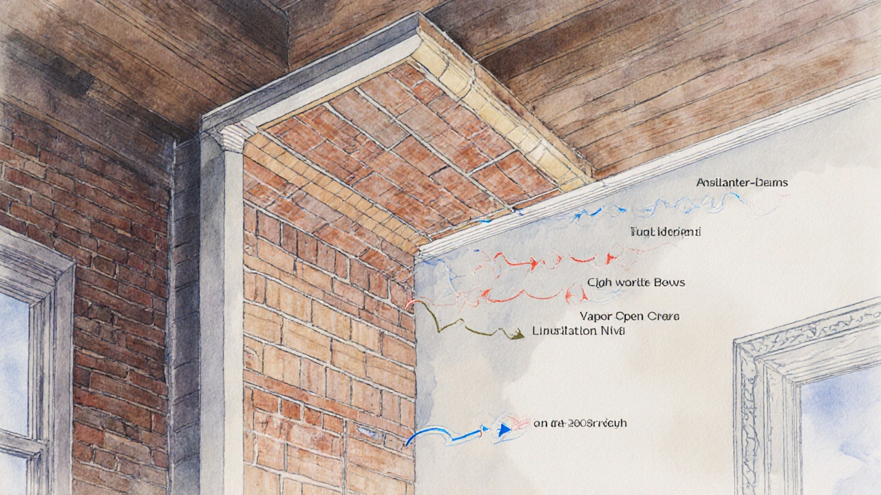 Querschnitt einer historischen Wand mit Feuchtetransport durch kapillaraktive Schichten.
