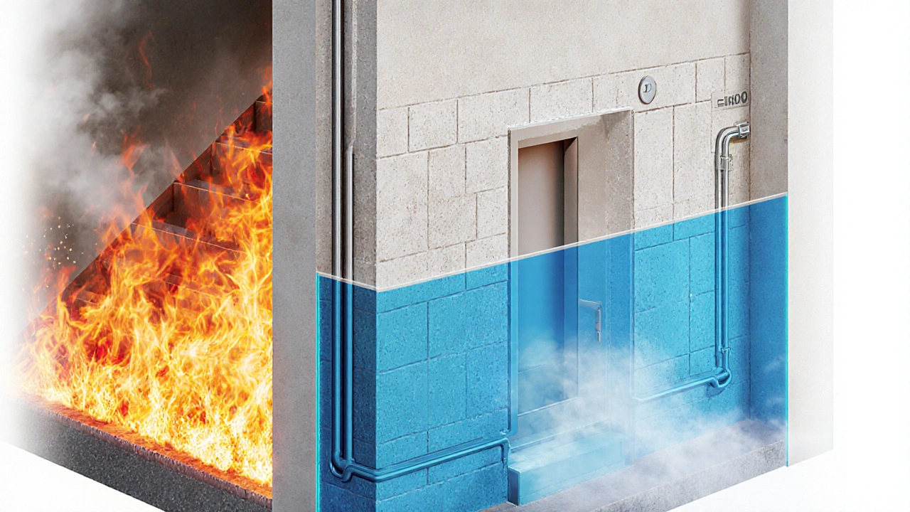 Querschnitt einer Treppenhalle mit feuerhemmender Konstruktion, die Flammen und Rauch stoppt.