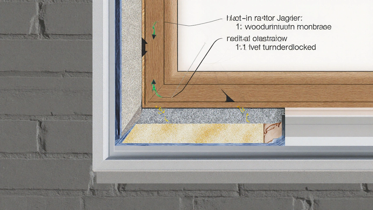 Querschnitt eines richtig gedämmten Fenstereinbaus mit drei Schichten: Dampfbremse, Dämmung und Wetterschutz.