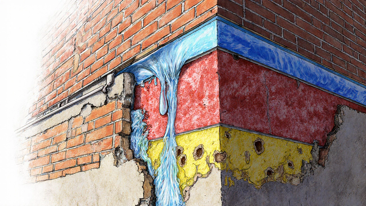 Schnittansicht einer Fassade mit fehlender Horizontalsperre, eindringendem Wasser und Spechtlöchern in der Dämmung.