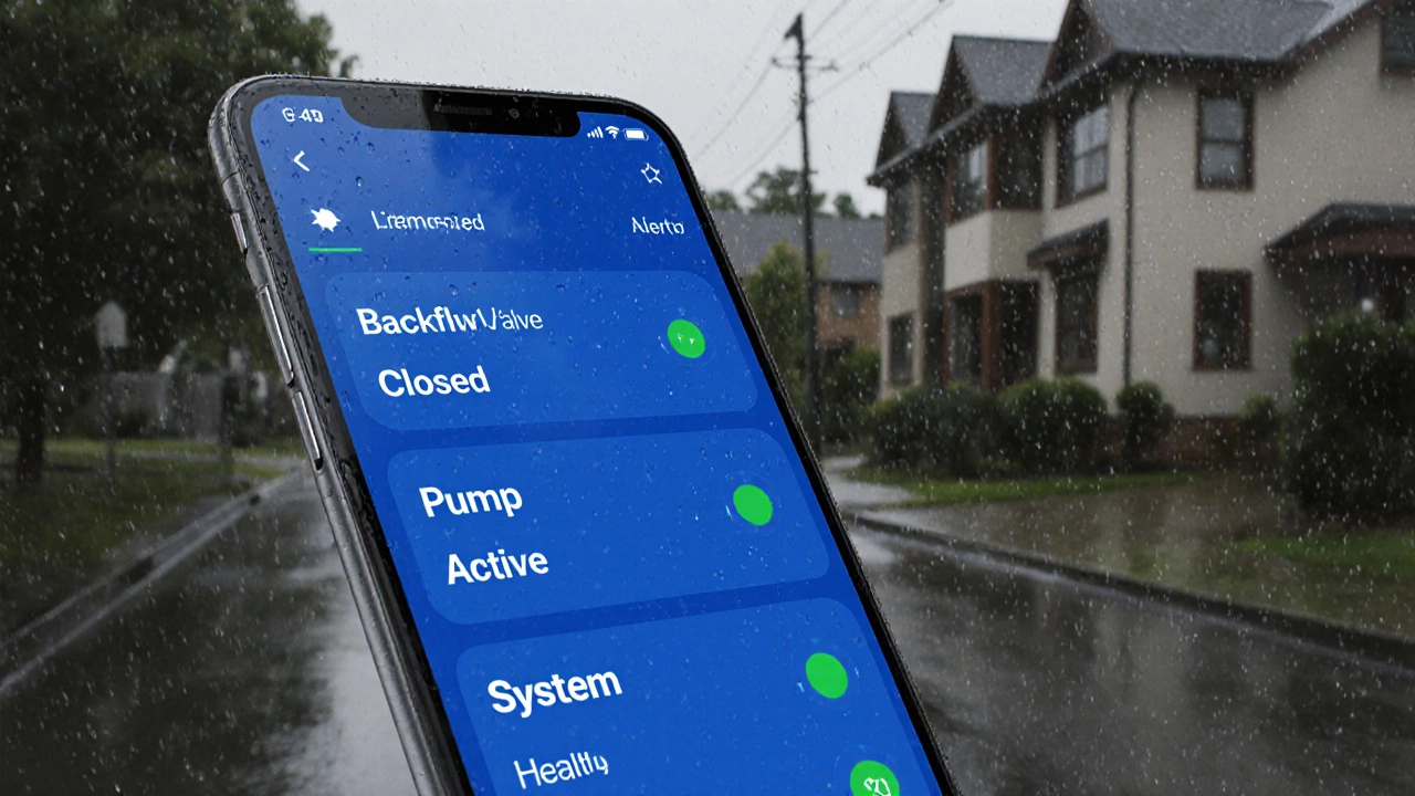 Smartphone-Display mit Warnungen eines vernetzten Rückstauschutzsystems bei Starkregen.