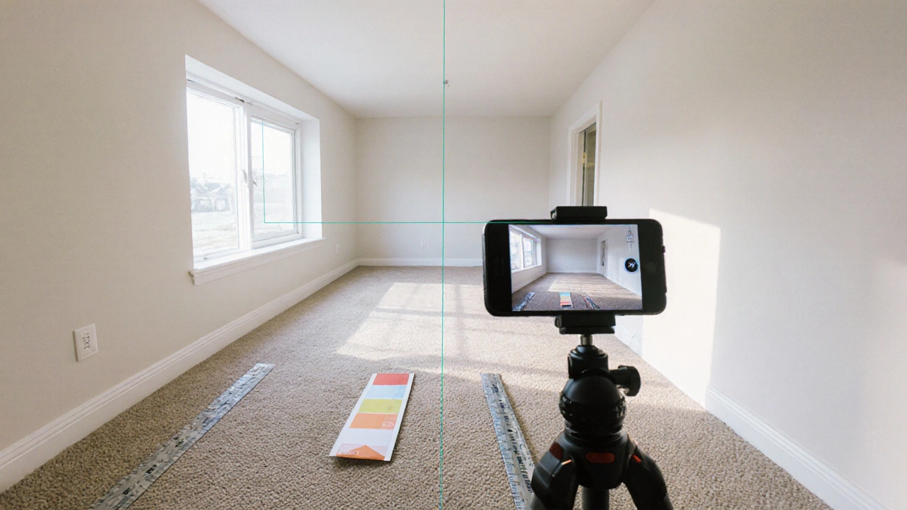 Smartphone fotografiert einen ganzen Wohnraum mit Farbkalibrierung und Maßstab für rechtssichere Dokumentation.