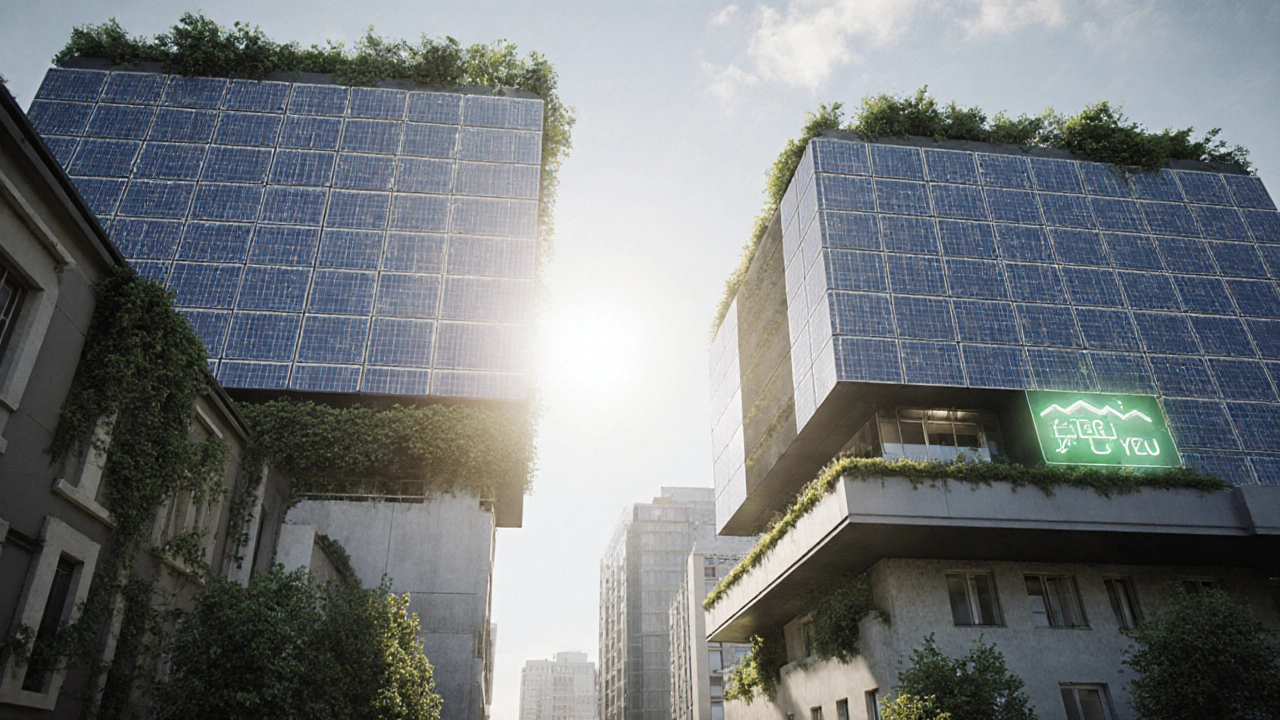 Stadtszene mit energieerzeugenden Fassaden, die Dämmung und Photovoltaik nahtlos verbinden.