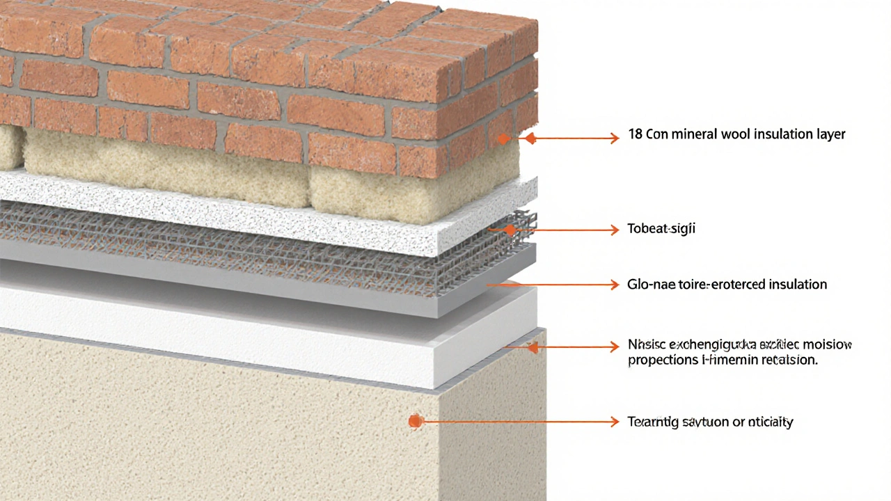 Technische Querschnittsdarstellung eines Wärmedämmverbundsystems mit vier Schichten: Ziegel, Mineralwolle, Glasfaser und Putz.