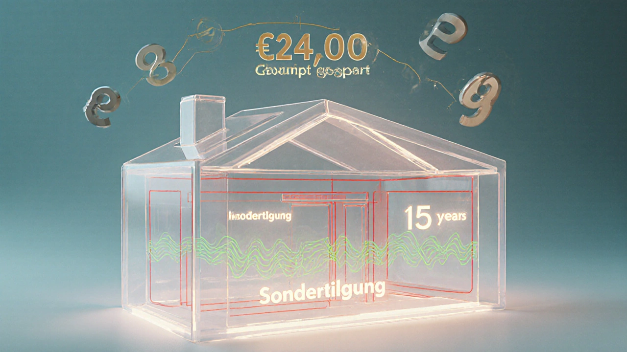 Transparenzhaus mit verschwindenden Zinsen und grünen Sondertilgungswellen.