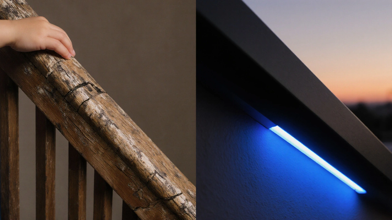 Vergleich: abgenutzter Holzhandlauf neben einem modernen, beleuchteten Aluminiumhandlauf an einer Treppe.