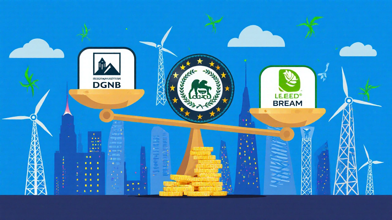 Vergleich der drei Nachhaltigkeitszertifikate DGNB, LEED und BREEAM mit Gewichtung zugunsten von DGNB.