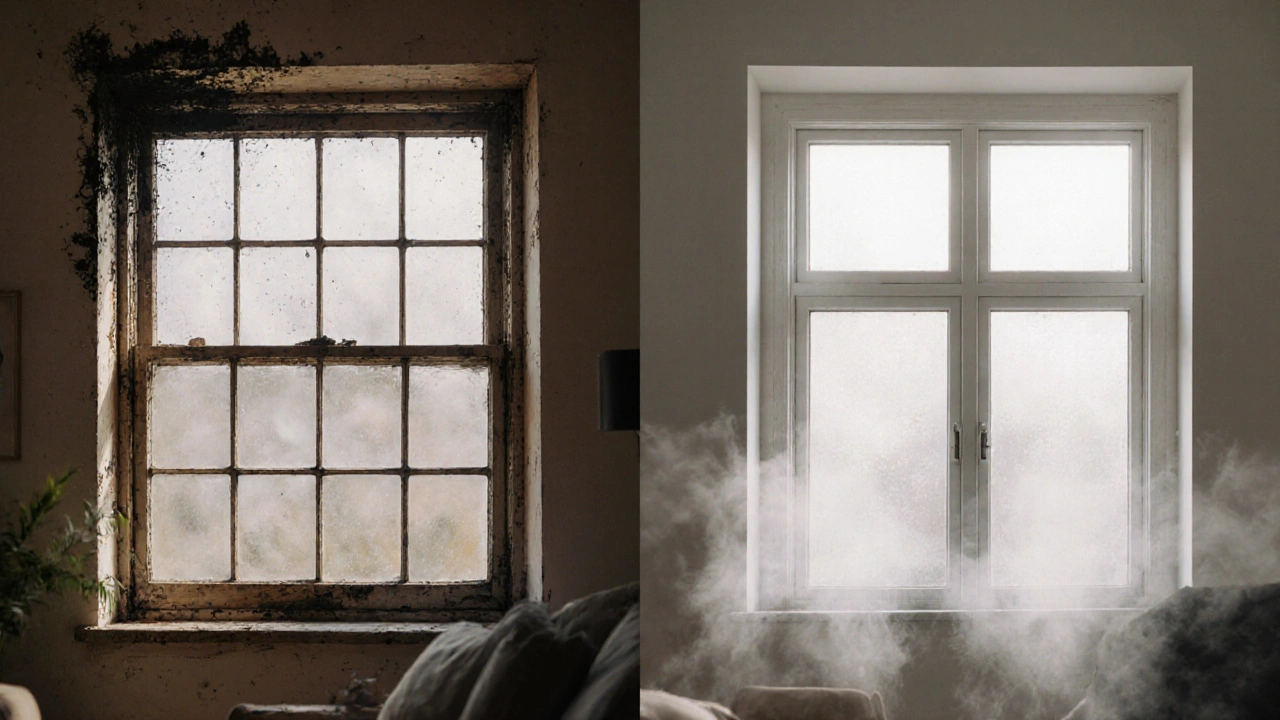 Vergleich von altem Einfachverglasungsfenster mit Schimmel und modernem Dreifachverglasungsfenster mit dichten Dichtungen.