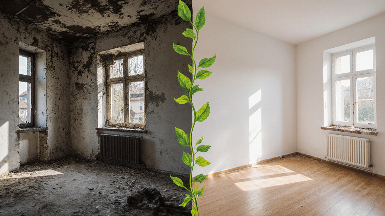 Vorher-Nachher-Vergleich: verfallenes Haus links, modernisiertes Zuhause rechts mit grünen Pflanzen als Symbol für Erneuerung.