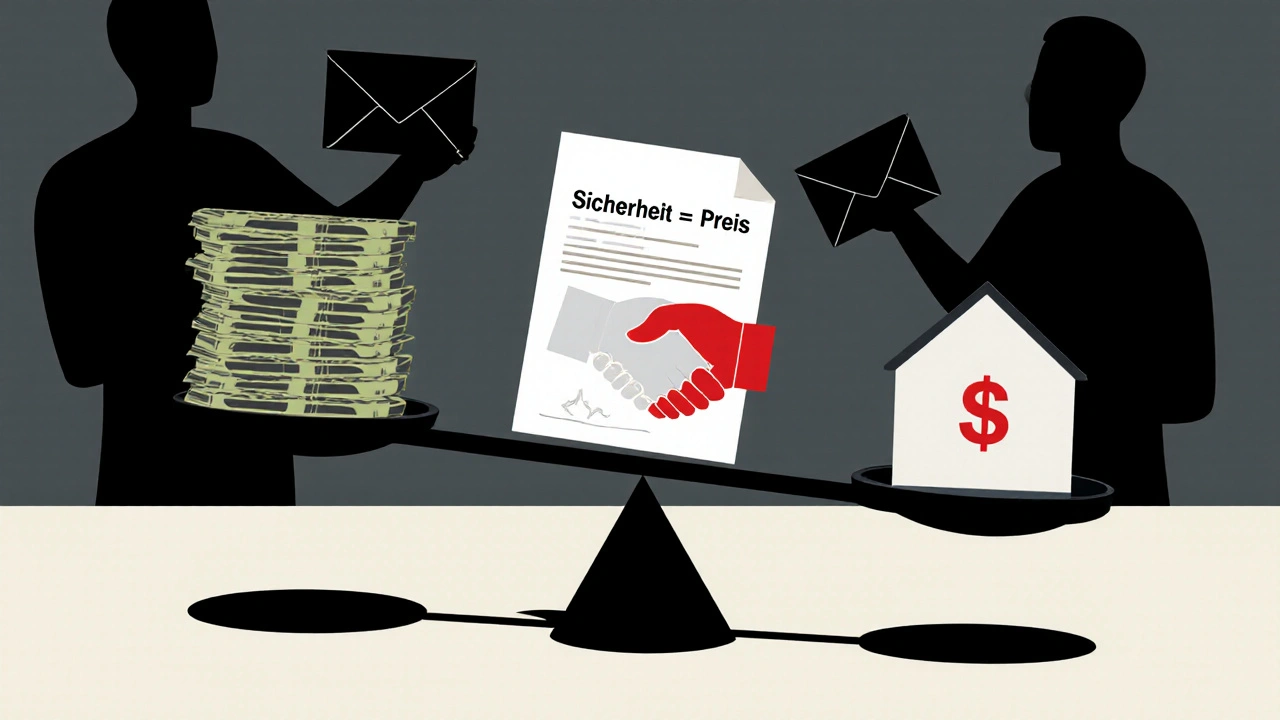 Waage mit Geld und Haus, vergleichend mit einer Handshake-Symbol, Licht und Schatten betonen Vertrauen.