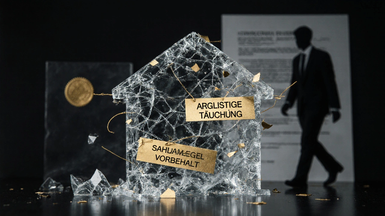 Zerbrechendes Glas-Haus, das nur von drei goldenen Fäden aus rechtlichen Klauseln gehalten wird, einer bricht, andere bleiben intakt.