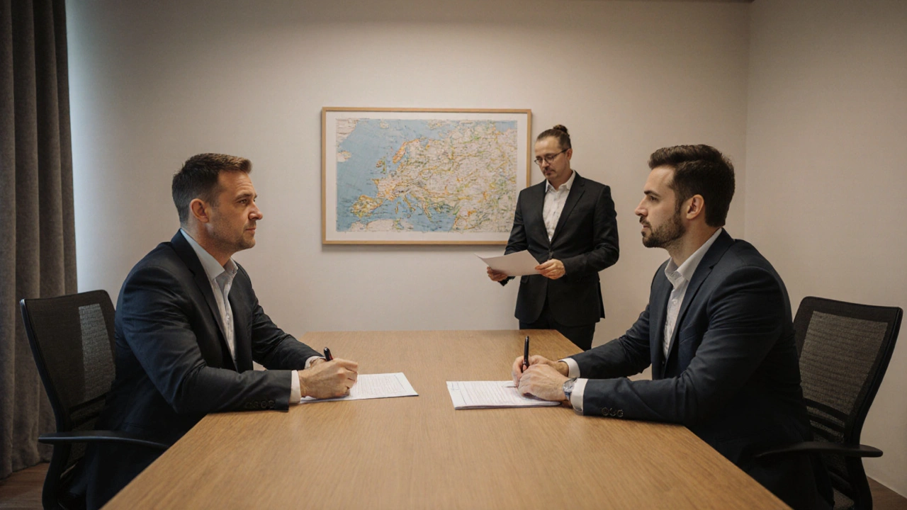 Zwei Ehepartner besprechen ein Gutachten mit einem Notar in einem neutralen Raum.