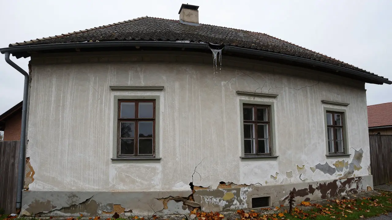 Altes Haus mit senkrechten Rissen in der Fassade und ausblühenden Salzablagerungen.