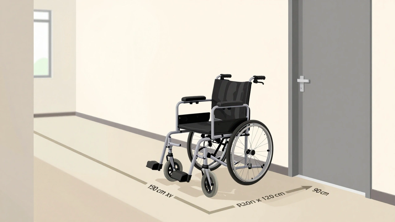 Barrierefreier Flur mit ausreichend Platz für einen Rollator und eine breite Tür.