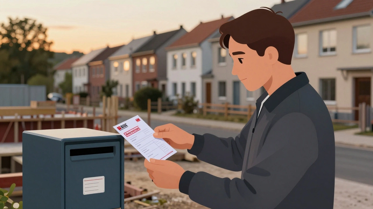 Bauherr verschickt Einschreiben mit Rückschein an Nachbarn bei Dämmerung, im Hintergrund ruht die Baustelle.