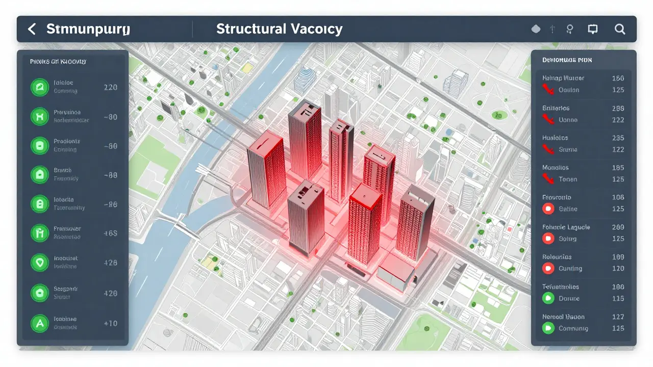 Digitale Karte mit roten Warnpunkten für leerstehende Immobilien und grünen Revitalisierungsindikatoren.