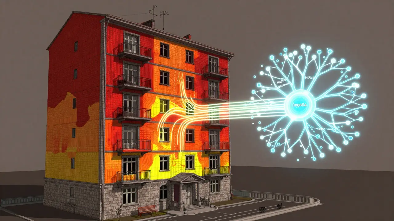 Digitale Wärme-Karte eines Altbaus mit KI-gestützter Speicheranalyse der Wände.