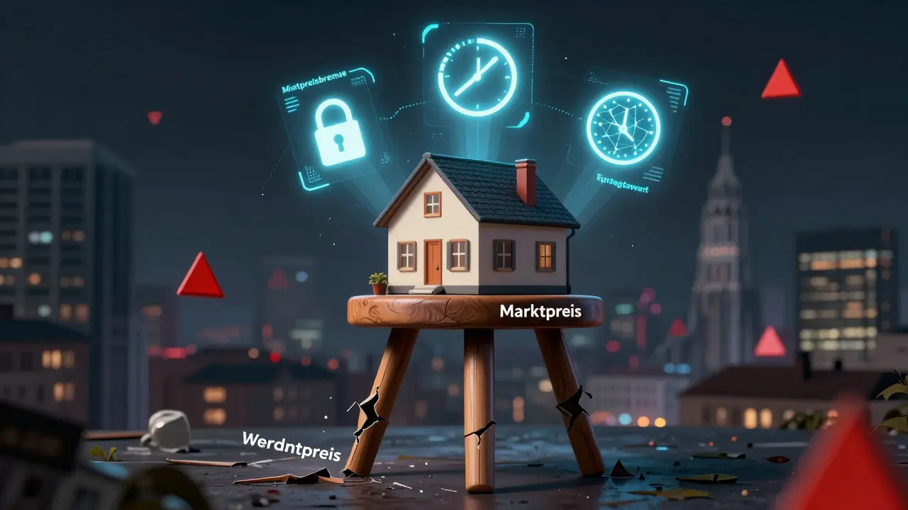 Drei gebrochene Säulen für traditionelle Bewertungsmethoden, belastet von einem Haus und digitalen Marktzeichen.