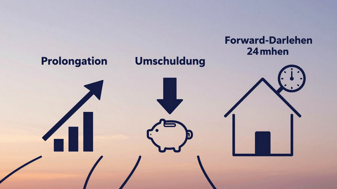 Drei Wege der Anschlussfinanzierung: Bleiben, Wechseln oder Zins sichern – visuell als Pfade dargestellt.