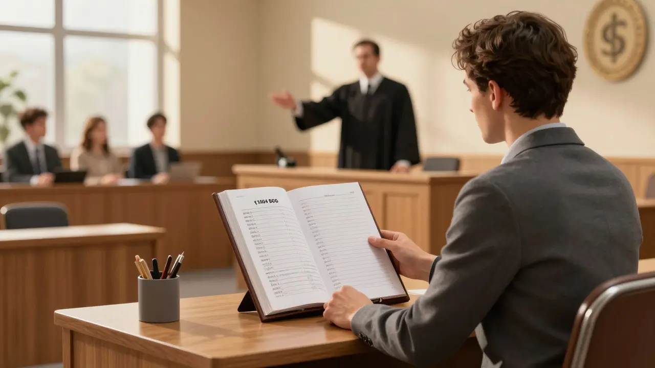 Eigentümer präsentiert Lärmprotokoll vor Gericht, WEG-Versammlung unscharf im Hintergrund.