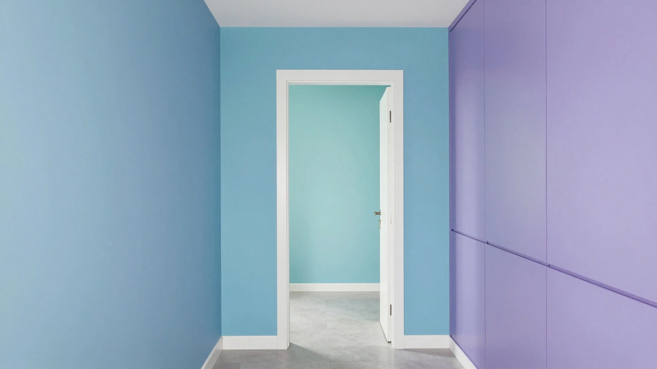 Ein Flur mit sanft übergreifenden Blau-, Türkis- und Lila-Tönen in mattem Finish und einem weißen Türframe.