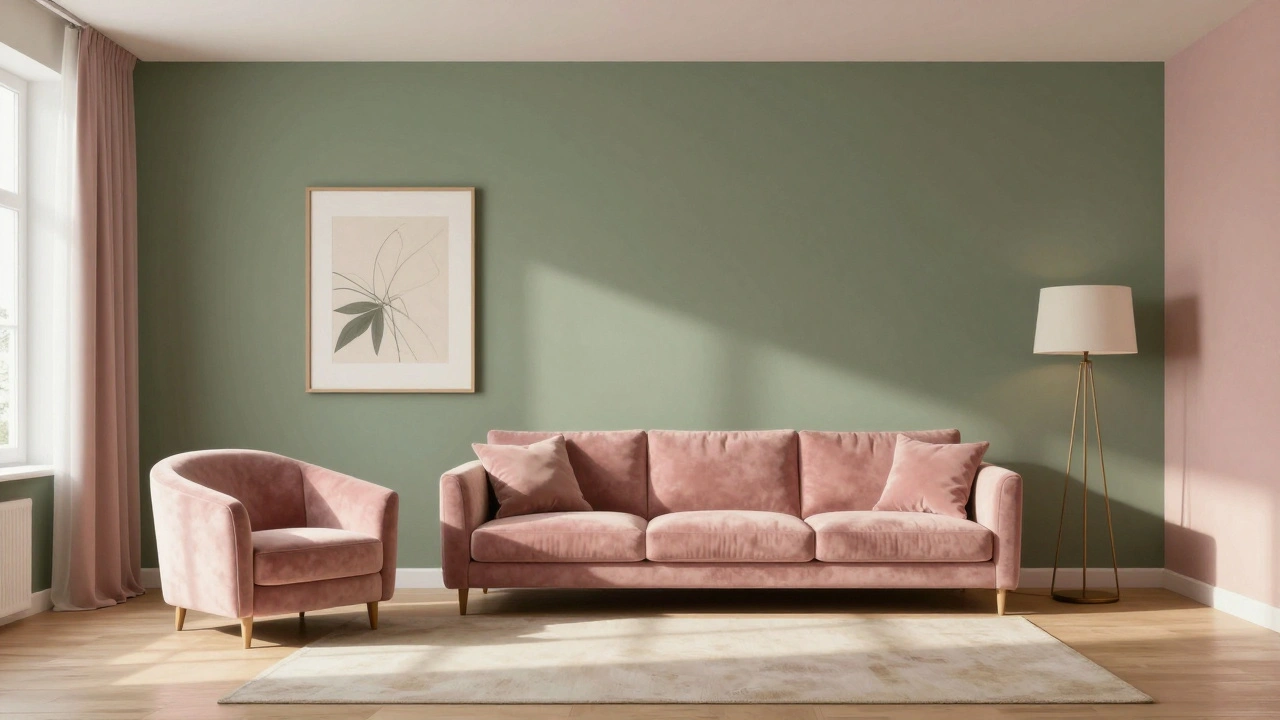 Ein großes Wohnzimmer mit olivgrünen Wänden und rosafarbenen Akzenten in gedämpften Tönen.