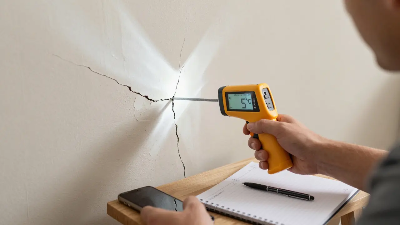 Ein Käufer misst mit einem Rissmessschieber eine Wandrisse, Thermometer zeigt Temperaturunterschiede.