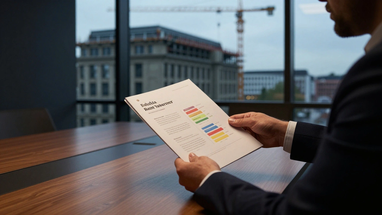 Eine Hand übergibt einem anonymen Investor ein englischsprachiges Dokument mit Immobilien-Daten, hinter ihm ein saniertes Gebäude in Düsseldorf.