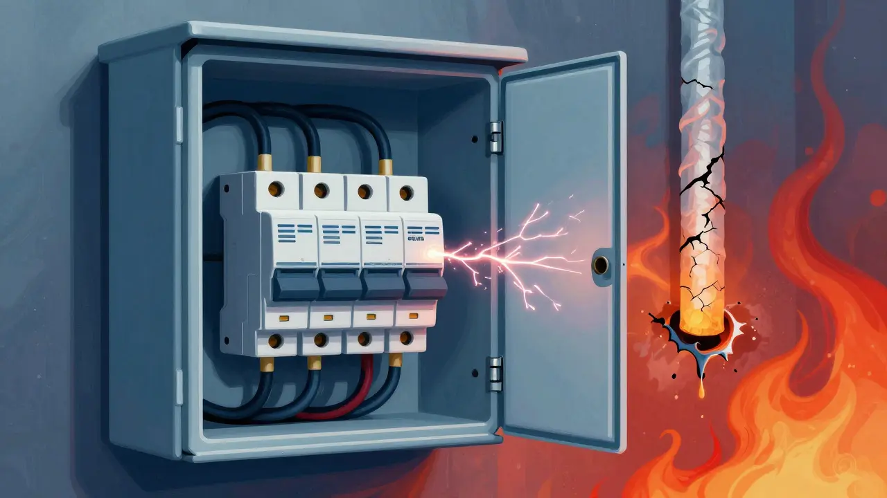 Elektrische Verteilerdose mit AFDD-Geräten, die Lichtbögen erkennen und unterbrechen.