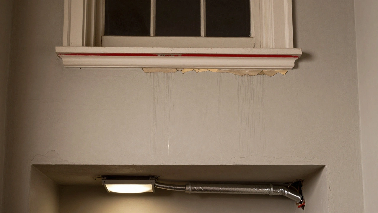 Feuchtigkeitsschäden hinter abgeplatztetem Putz und alte Aluminiumleitungen im Keller.