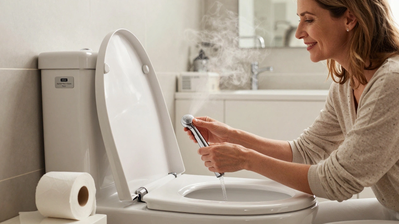 Frau bedient die Steuerung eines Dusch-WCs in einem hellen, modernen Badezimmer.