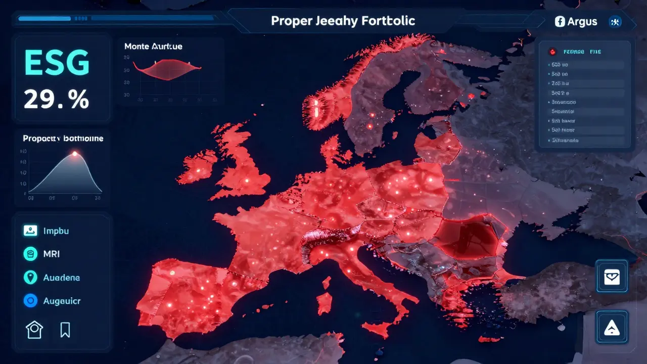 Futuristic real estate risk dashboard with live ESG and Monte Carlo analytics