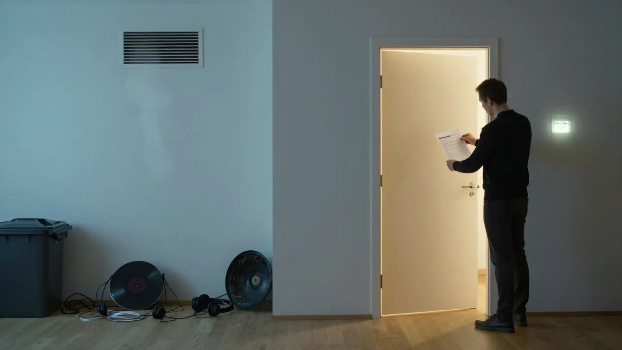 Gespaltenes Apartment: Chaos auf einer Seite, ruhige Abmahnung auf der anderen, mit Hinweis auf neue Lärmnorm.