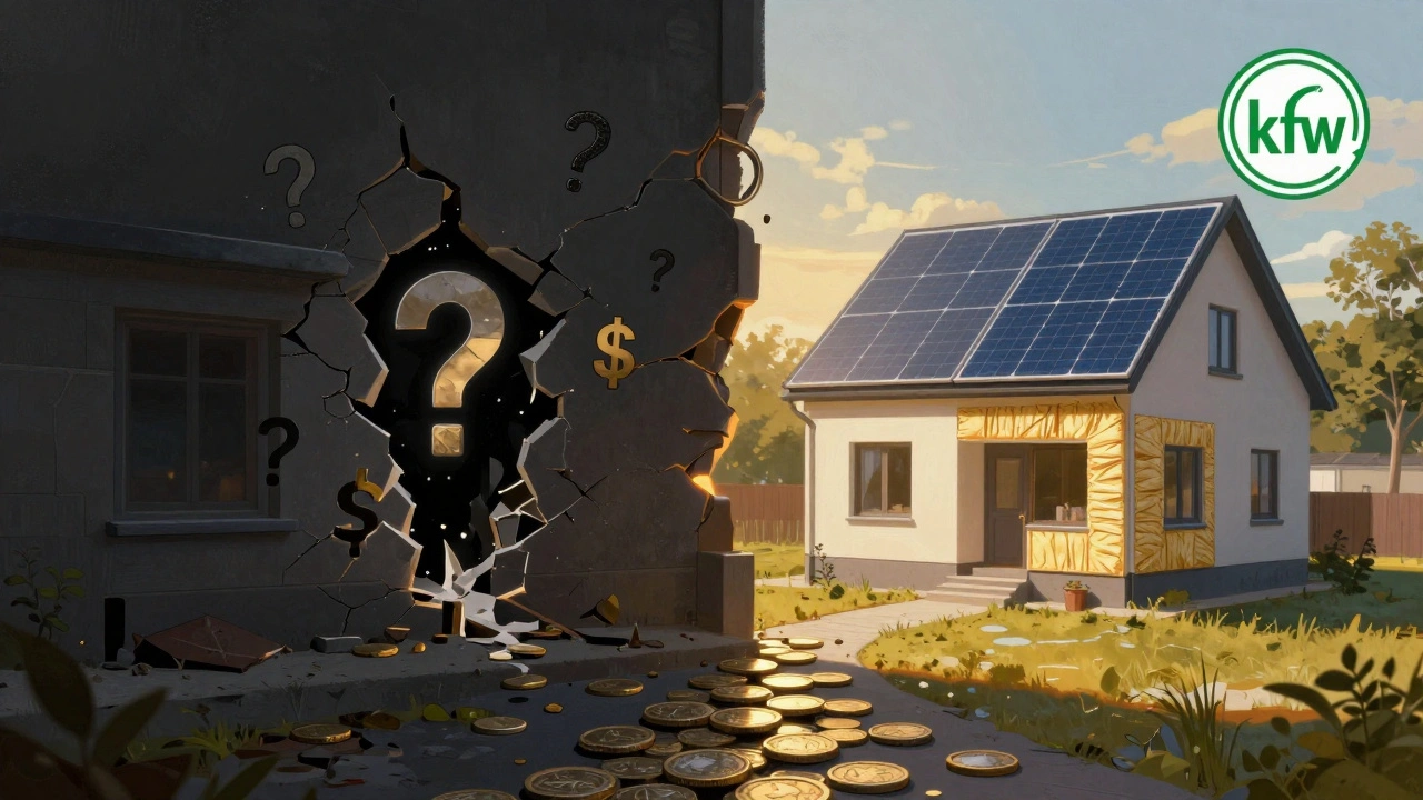 Gespaltenes Haus: linke Seite verfallen, rechte Seite modernisiert, KfW-Förderung leuchtet oben, Münzpfad verbindet beide Seiten.