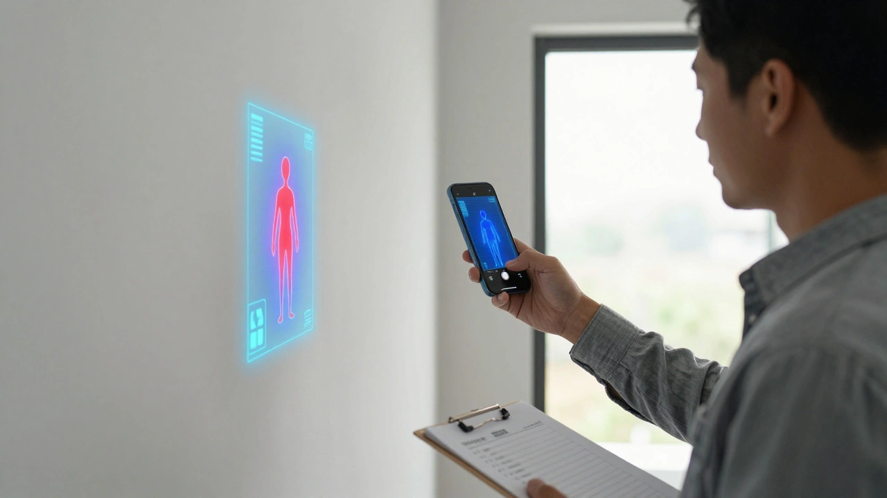 Hausbesitzer scannt Wand mit AR-App, die Feuchtigkeit und Wärmeverluste anzeigt.