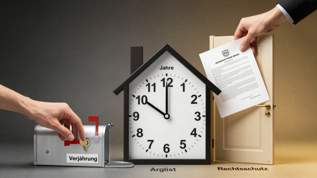 Hausförmige Uhr mit rechtlichen Fristen tickt, während ein Schlüssel in einen Briefkasten fällt und ein Gutachten eingeht.