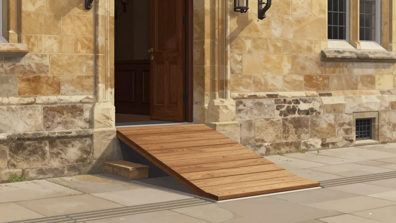 Holzrampe mit natürlichen Materialien, die sich nahtlos in den Eingangsbereich eines alten Rathauses einfügt.