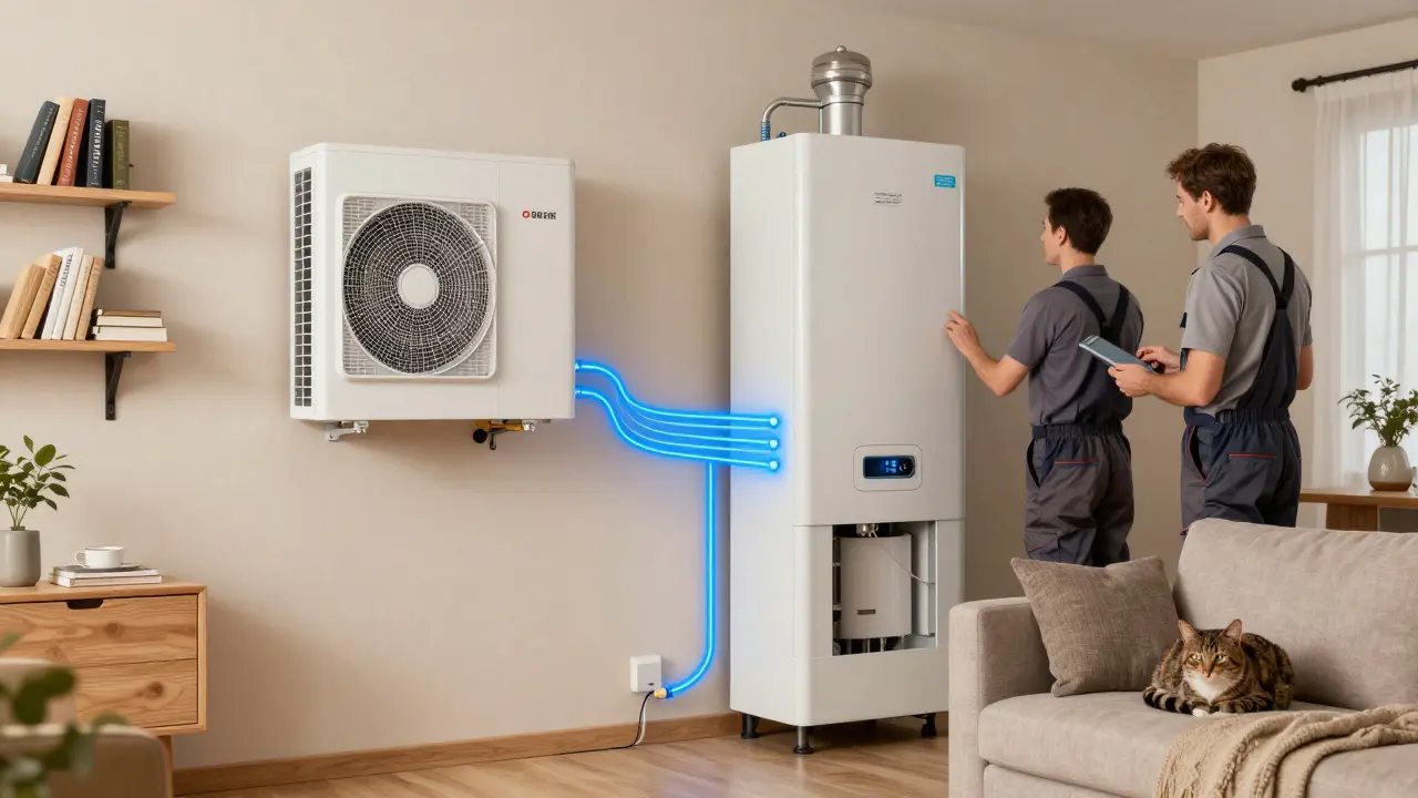 Hybrid-Heizungsanlage mit Wärmepumpe und Gasheizung in einem Wohnzimmer während der Installation.